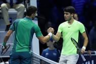Novak Djokovic (L) and Carlos Alcaraz (R) at the 2023 Nitto ATP Finals (Source: Getty)
